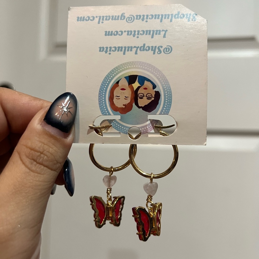 Gold and Red Butterfly Earrings - Picture 3 of 3